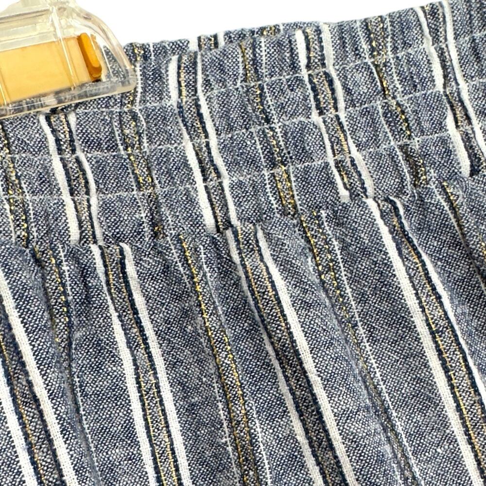 Wide Leg Crop Pants Blue Stripe Linen Blend Pull-On L Metallic Lagenlook - Picture 4 of 8